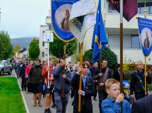 Prozession (13 von 33)-web-min Rosenkranzprozessionsteilnehmer ziehen durch die Straßen von Einsiedeln mit Marienfahnen
